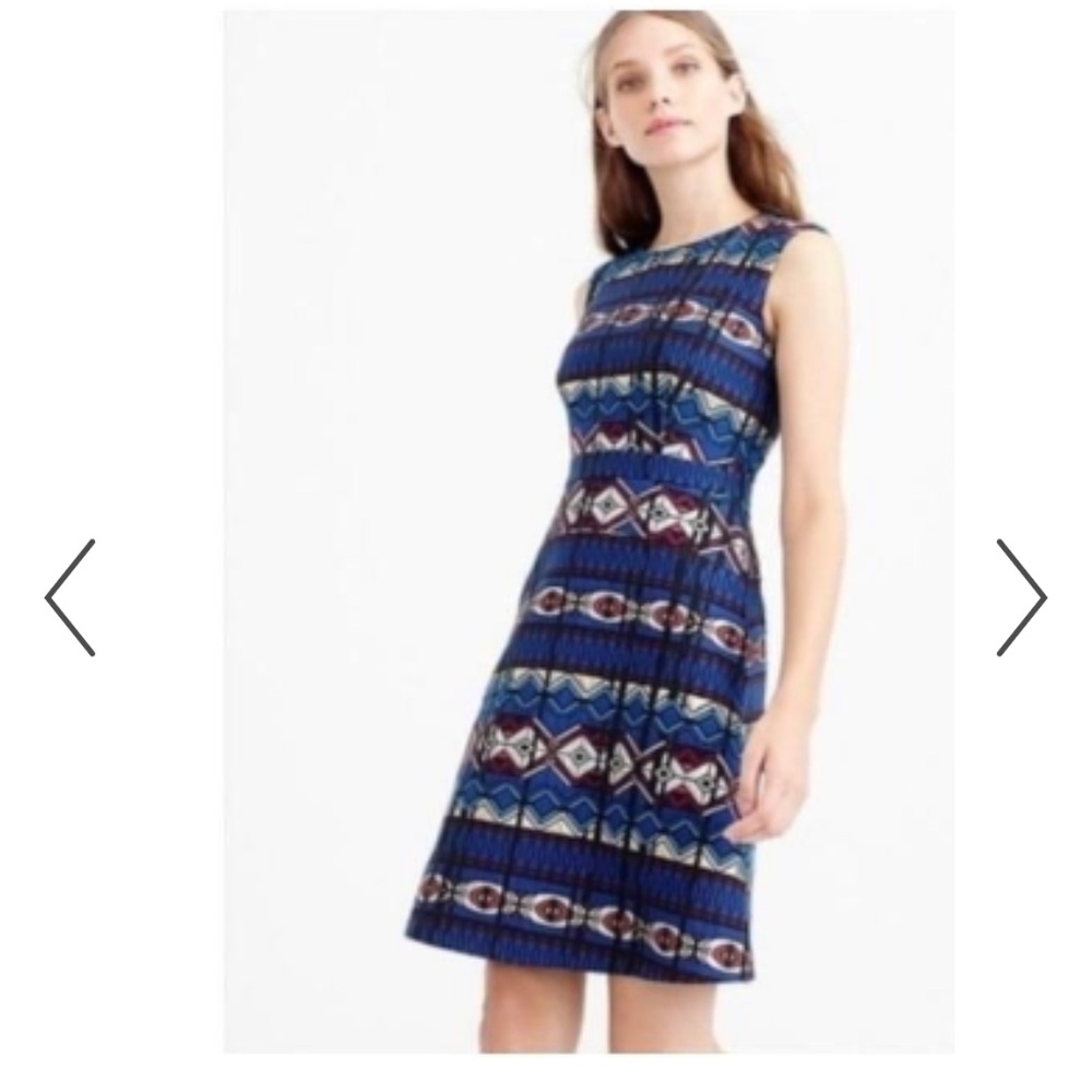 JCrew blue red gold silver jacquard dress